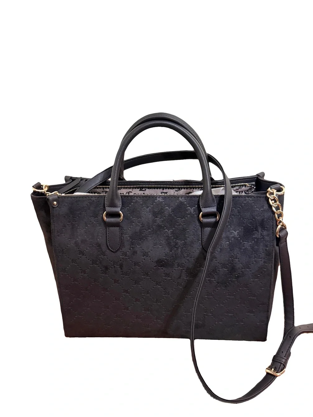 Juicy Couture Black Suede Satchel with Brown and Cream Center Stripe